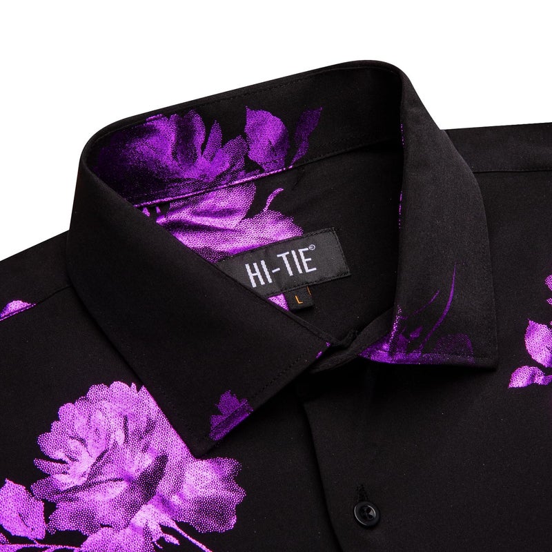 Hi-Tie Purple Shiny Floral Black Shirts for Men 3D Printed Slim Fit Long Sleeve Button Down Party Disco Performing Shirt - Image 5