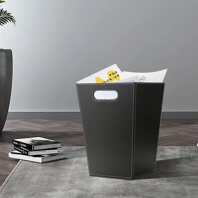 KINGFOM Classic Pu Leather Trash Can Wastebasket, Garbage Container Bin with Handles for Bathrooms, Powder Rooms, Kitchens, Home, Office and and High Class Hotel Square Black - Image 3