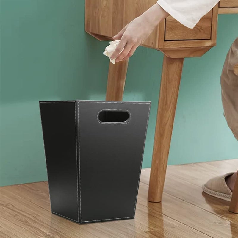KINGFOM Classic Pu Leather Trash Can Wastebasket, Garbage Container Bin with Handles for Bathrooms, Powder Rooms, Kitchens, Home, Office and and High Class Hotel Square Black - Image 2