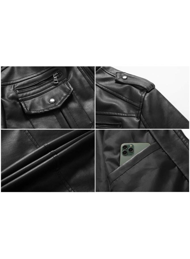 JYG جاكيت جلد صناعي للرجال بياقة واقفة جاكيتات دراجة نارية مع غطاء قابل للإزالة (أسود، XL) - Image 5