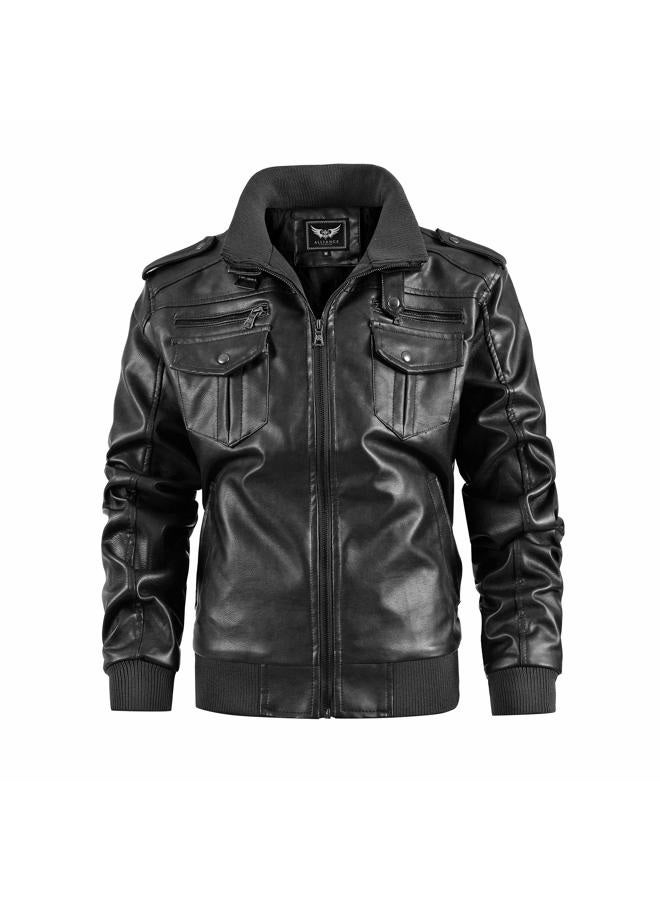 JYG جاكيت جلد صناعي للرجال بياقة واقفة جاكيتات دراجة نارية مع غطاء قابل للإزالة (أسود، XL) - Image 1