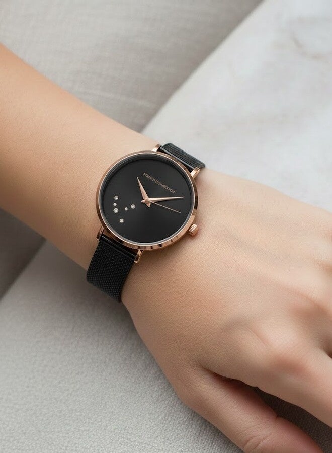 French Connection Black Dial Black Stainless Steel Mesh Bracelet Analog Watch for Women 31mm - Image 5