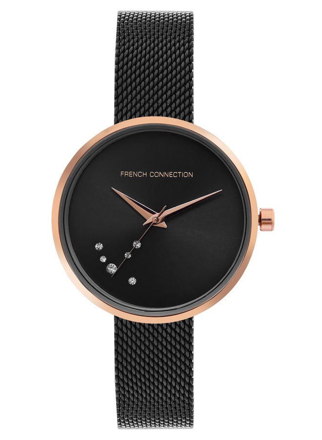 French Connection Black Dial Black Stainless Steel Mesh Bracelet Analog Watch for Women 31mm - Image 1