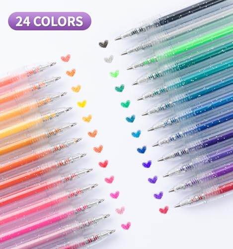 Joyask Glitter Gel Pens, 24 Colors Metallic Vibrant Retractable Sparkle Gel Pens for Coloring Journaling Drawing Doodling Colored Pen for Kids Adult Fun Pens 0.8-1mm - Image 2