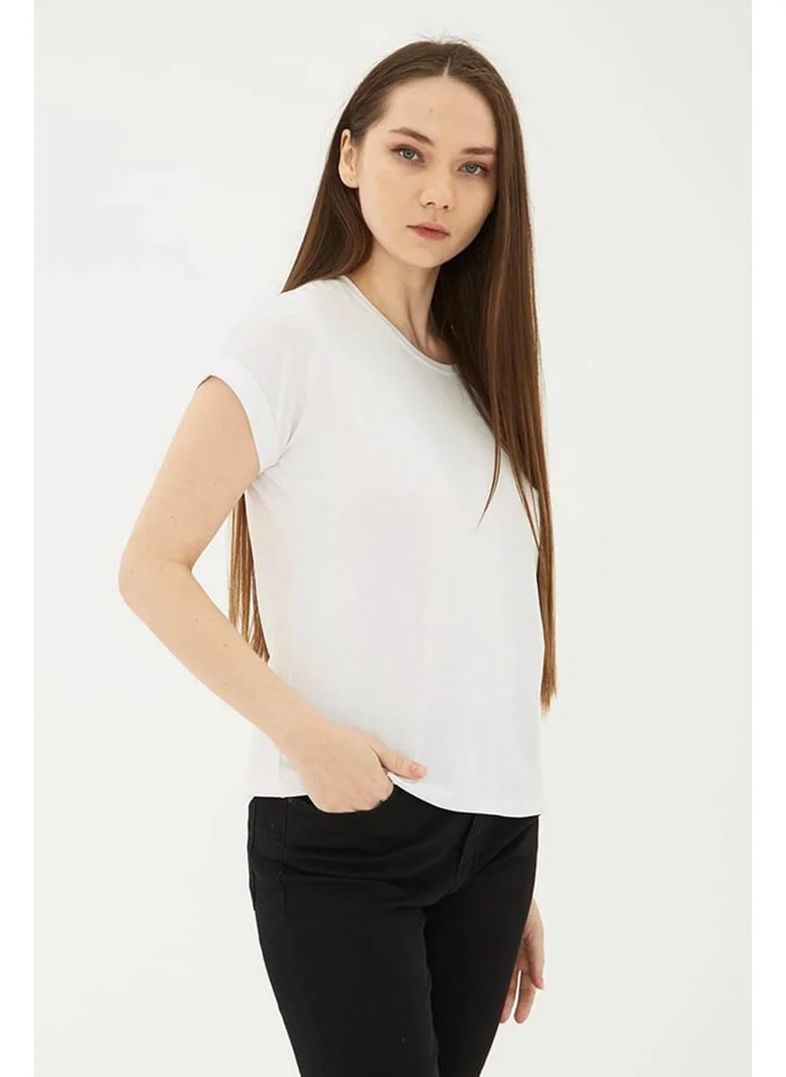 Fashion Friends Crew Neck Flowy Viscose Ecru Women's T-Shirt 25Y0194K1