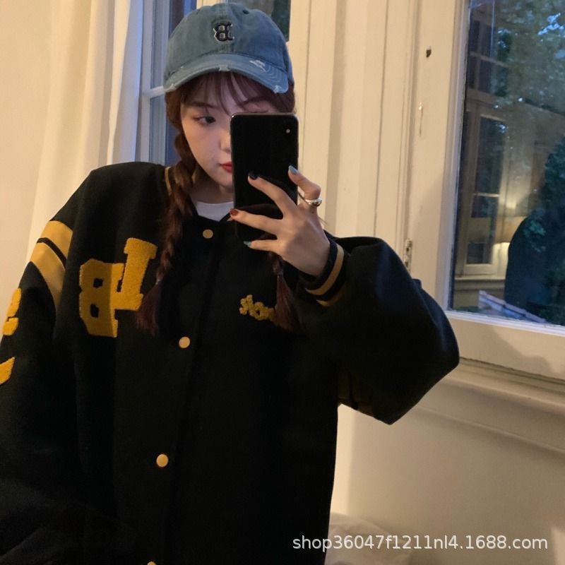 Autumn and Winter New Clothes ins Trendy Korean-style Student Loose All-match Baseball Suit Thickened Fleece-lined Sweater Jacket for Women Black 