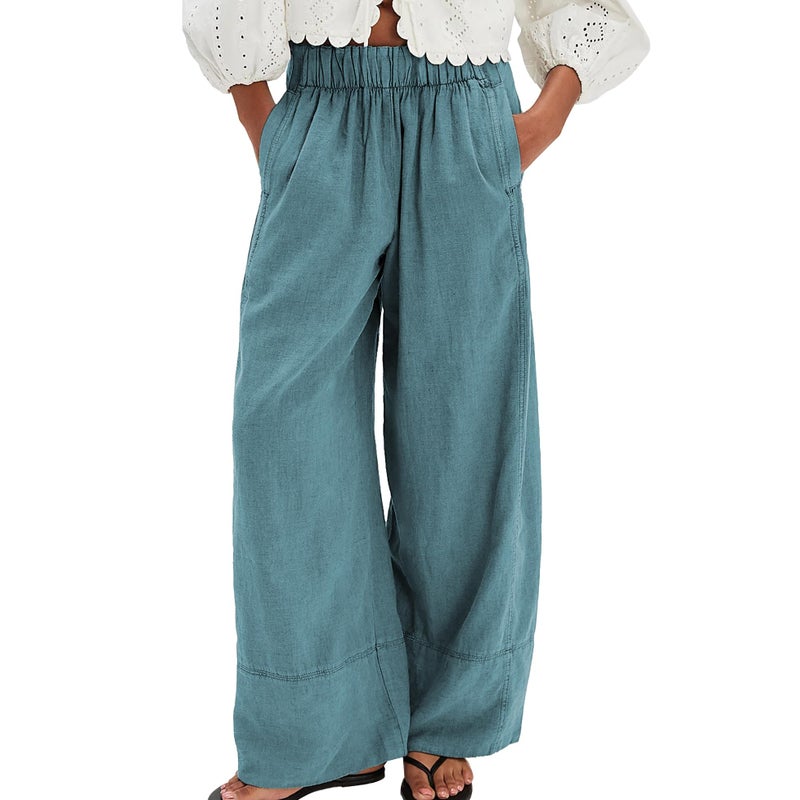 SeeLuNa Linen Pants for Women Cotton Baggy Boho Casual Palazzo Pants Wide Leg Long Lounge Trousers with Pockets(Blue,XS) - Image 1