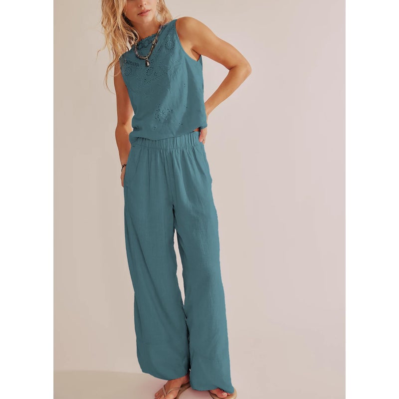 SeeLuNa Linen Pants for Women Cotton Baggy Boho Casual Palazzo Pants Wide Leg Long Lounge Trousers with Pockets(Blue,XS) - Image 3