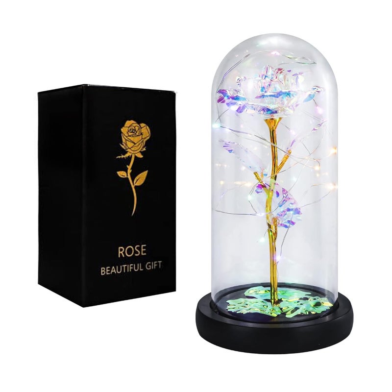 Mealah Enchanted Valentines Day Rose Flowers Gift ColorfulRomantic Artificial Light Up Rose in Glass Dome for Anniversary Mothers Day Christmas