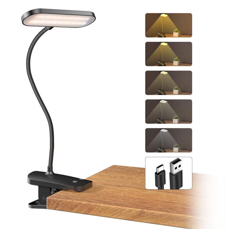 CUHIOY Desk Lamp Clip on Reading Light, USB-C Battery-Operated Rechargeable Table Lamps with Clamp for Dorm Home Office, 38LEDs Bed Headboard Light, 5 Colors 5 Brightness, Flexible Gooseneck (Black) - Image 1