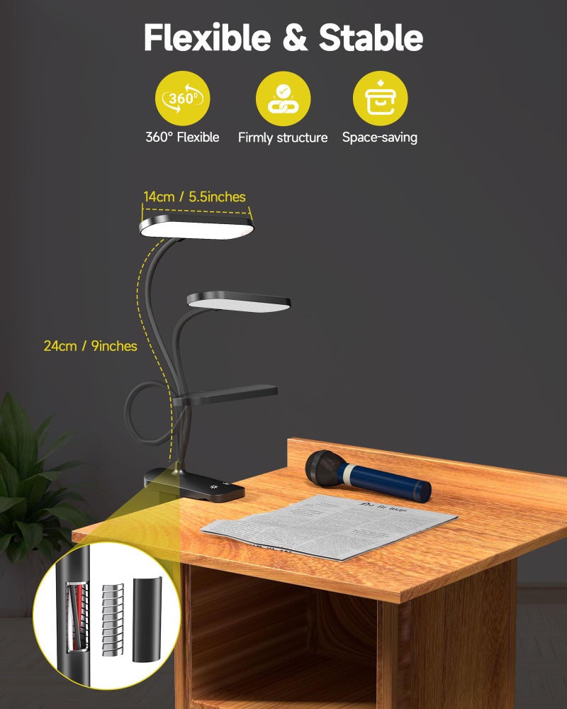 CUHIOY Desk Lamp Clip on Reading Light, USB-C Battery-Operated Rechargeable Table Lamps with Clamp for Dorm Home Office, 38LEDs Bed Headboard Light, 5 Colors 5 Brightness, Flexible Gooseneck (Black) - Image 4