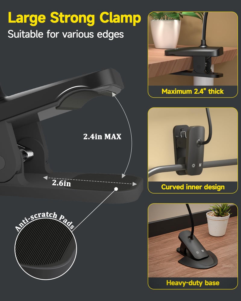 CUHIOY Desk Lamp Clip on Reading Light, USB-C Battery-Operated Rechargeable Table Lamps with Clamp for Dorm Home Office, 38LEDs Bed Headboard Light, 5 Colors 5 Brightness, Flexible Gooseneck (Black) - Image 3