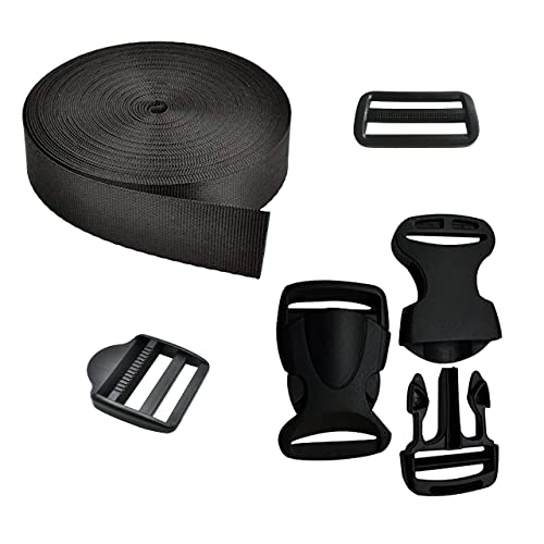Packard Side Release Buckles Clips, Tri-Glide Slides and Ladder Lock with 5mt 1in wide Nylon Webbing Strap for Backpack Repairing, Luggage Fastening Strap, Pet Collar Making and More DIY Projects (Black) - Image 1