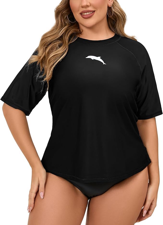 Halcurt Women's Plus Size Short Sleeve Rash Guard Swim Shirts Top Only Loose Fit Swim Tee UPF50+ Swimsuit All Black 2X - Image 1