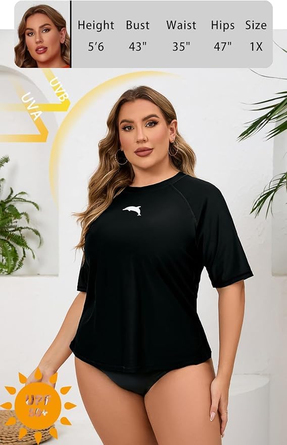 Halcurt Women's Plus Size Short Sleeve Rash Guard Swim Shirts Top Only Loose Fit Swim Tee UPF50+ Swimsuit All Black 2X - Image 3