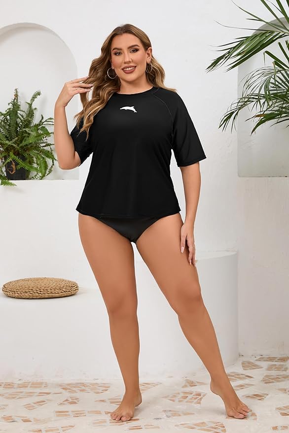 Halcurt Women's Plus Size Short Sleeve Rash Guard Swim Shirts Top Only Loose Fit Swim Tee UPF50+ Swimsuit All Black 2X - Image 5