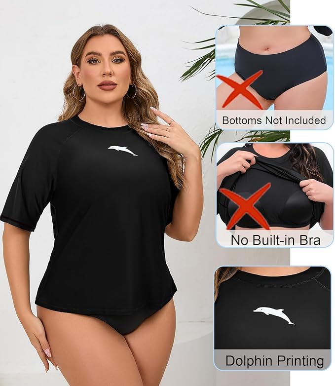 Halcurt Women's Plus Size Short Sleeve Rash Guard Swim Shirts Top Only Loose Fit Swim Tee UPF50+ Swimsuit All Black 2X - Image 2