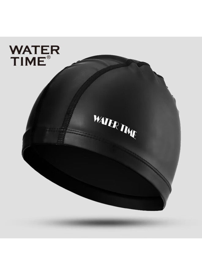 Watertime/shuichuan Swimming Cap For Men And Women, Non-constricting Waterproof Swim Cap With Ear Protection, Professional Pu Cap, Black With Silver Logo - Image 1