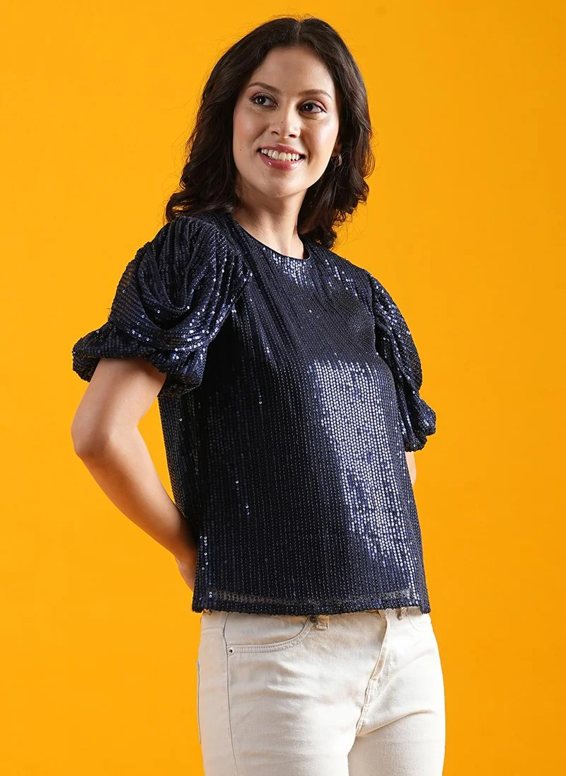 globus Globus Women Round Neck Puff Sleeve Sequined Party Top