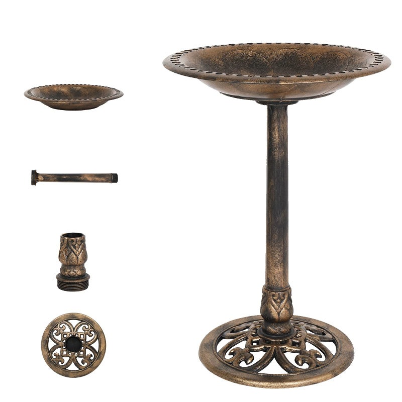 VINGLI VINGLI 28 Inch Pedestal Bird Bath Solar Fountain Birdbaths with Steel Ground Anchors Weather Resistant Resin Antique Green Garden Decor for Outdoor Lightweight Courtyard 