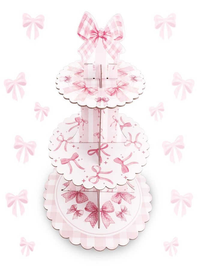 Deovige Pink Bow Cupcake Stand Coquette Birthday Decorations,3 Tier Cupcake Holder Bow Decor Pink Party Decorations,Bows Cup Cake Tower Stand Coquette Decor for Baby Shower Engagement Wedding Birthday Party - Image 1