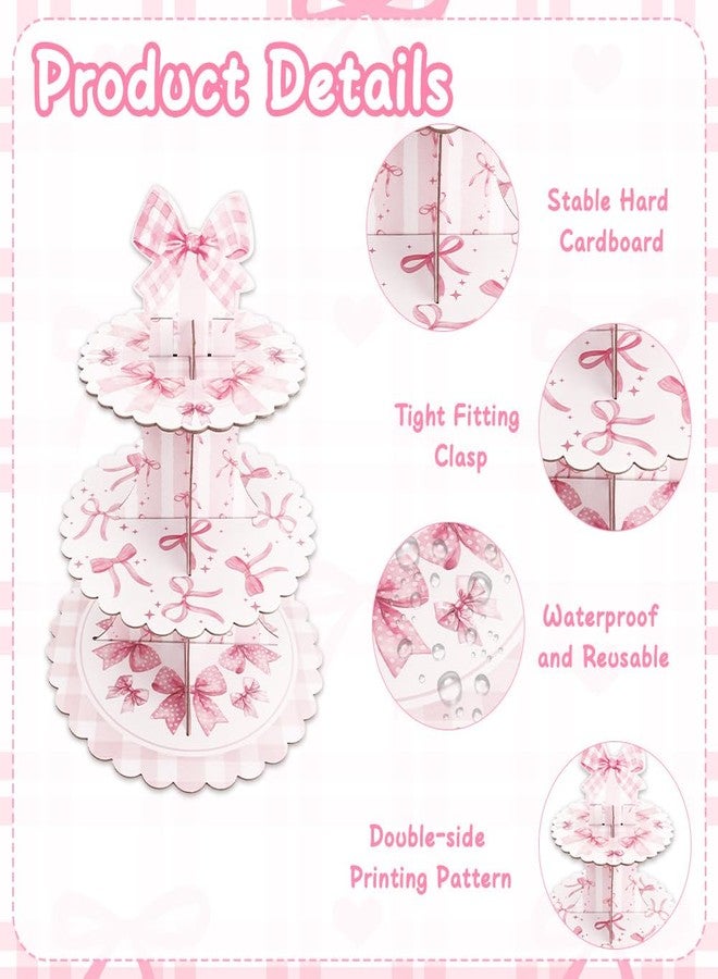 Deovige Pink Bow Cupcake Stand Coquette Birthday Decorations,3 Tier Cupcake Holder Bow Decor Pink Party Decorations,Bows Cup Cake Tower Stand Coquette Decor for Baby Shower Engagement Wedding Birthday Party - Image 3