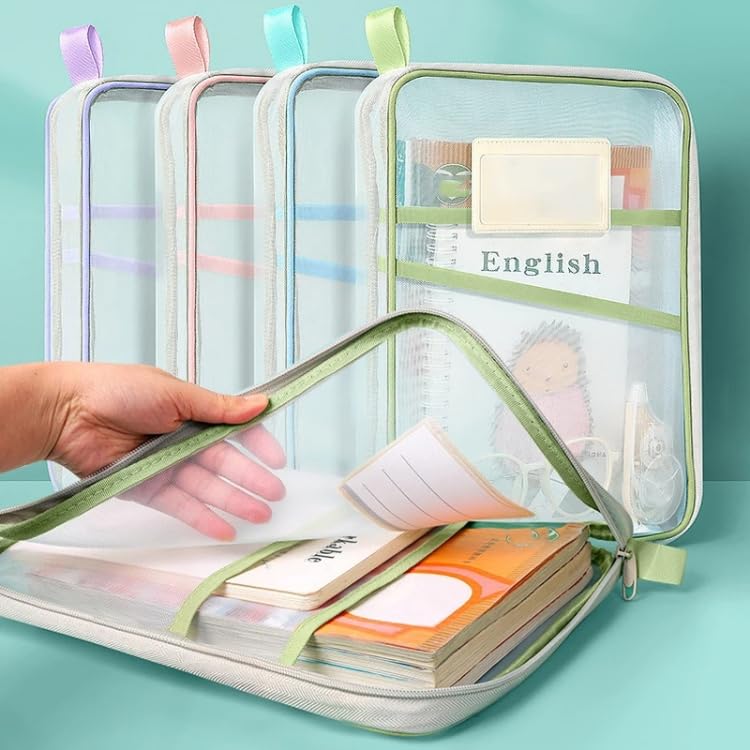 Swilak A4 Mesh Zipper File Folder Organizer with 3-Layer Separation – Dustproof Document Bag with Label Pocket, Lightweight Portable Pouch for Office, School, Students (Random Color Set of 2) - Image 1