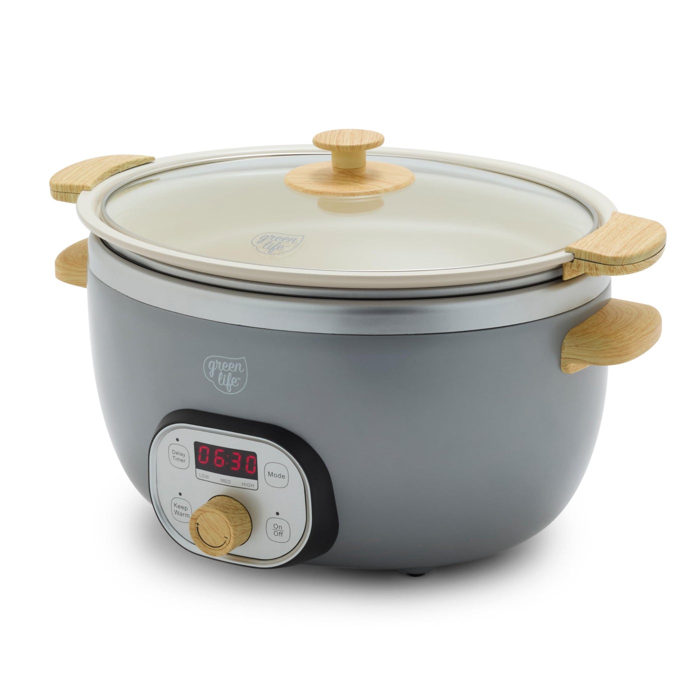 GreenLife 6QT Slow Cooker, Non-Toxic PFAS-Free Ceramic Nonstick Removable Interior Bowl, Programmable, Family Friendly, Keep Warm, Stovetop & Oven Safe, Dishwasher Safe Crock, Timer, Glass Lid, Gray