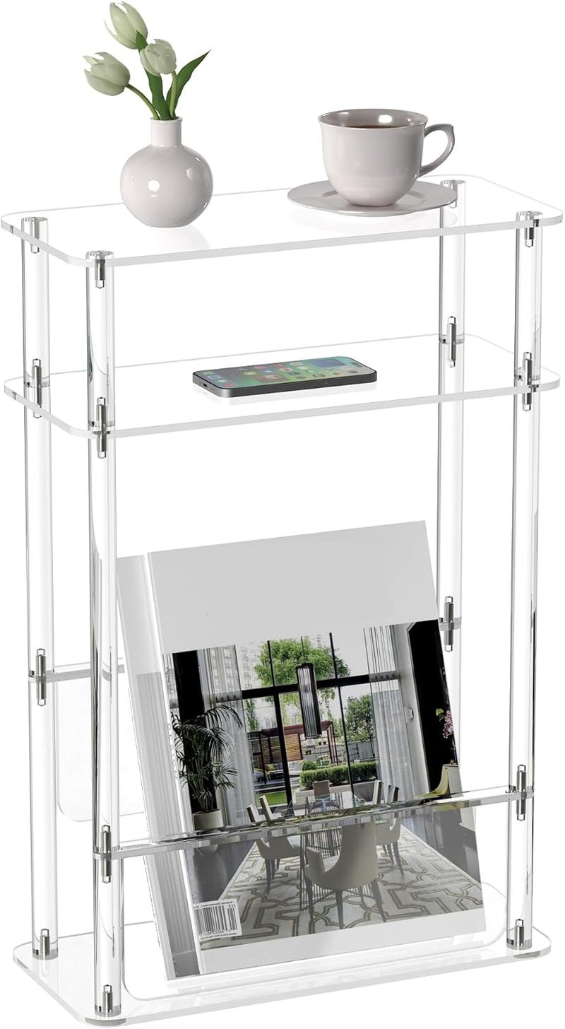 HMYHUM Acrylic Narrow End Table for Small Spaces with Magazine Holder, Slim Side Small Nightstand/Bedside Table for Living Room, Bedroom, 3 Tier, 15.7" L x 7" W x 23" H, Clear - Image 1