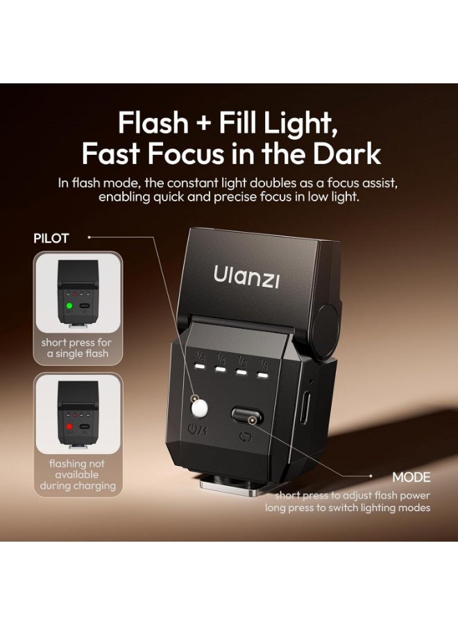 Ulanzi ULANZI SL03 Mini Camera Flash with Video Light, GN8 6500K Camera Speedlite Flashes, 90° Adjustable, 4 Power Levels (1/8~1/1), Single Contact Hot Shoe for Sony/Canon/Fuji DSLR, Black - Image 3