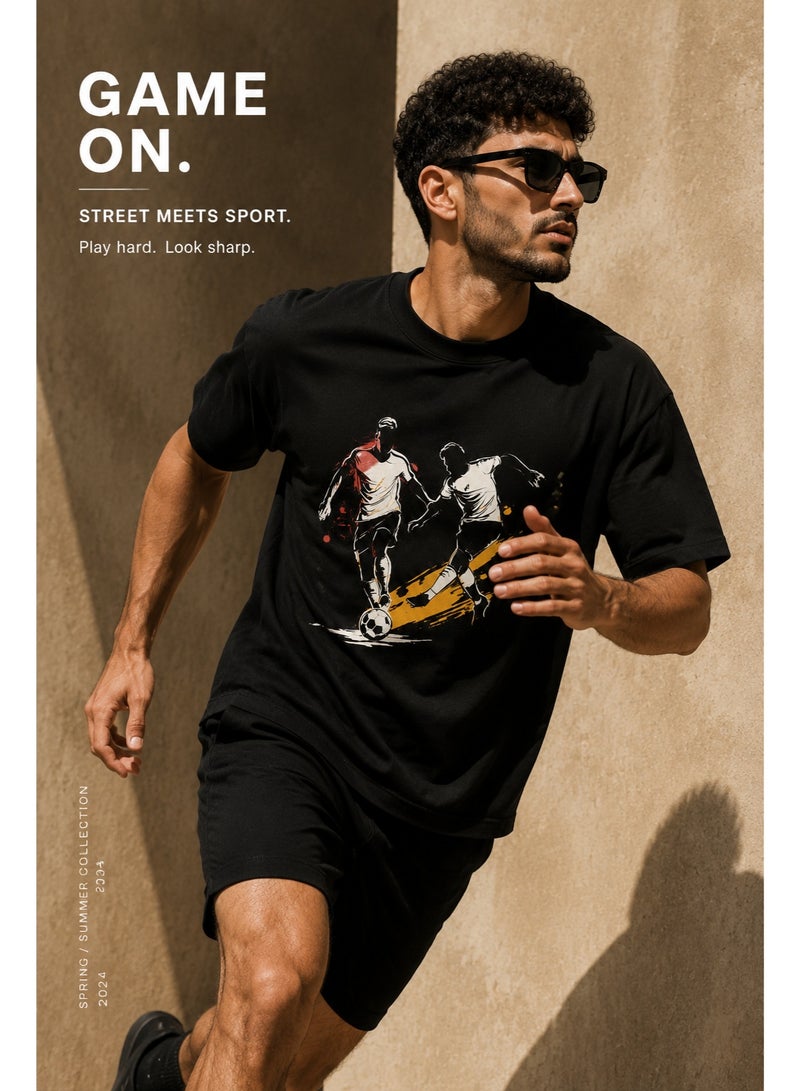 Men's Pure Cotton Black T-Shirt with Soccer Player Graphic Print - Image 1