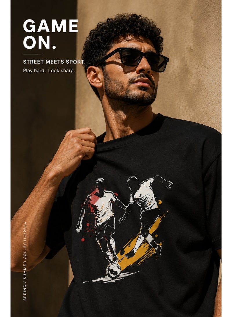 Men's Pure Cotton Black T-Shirt with Soccer Player Graphic Print - Image 2
