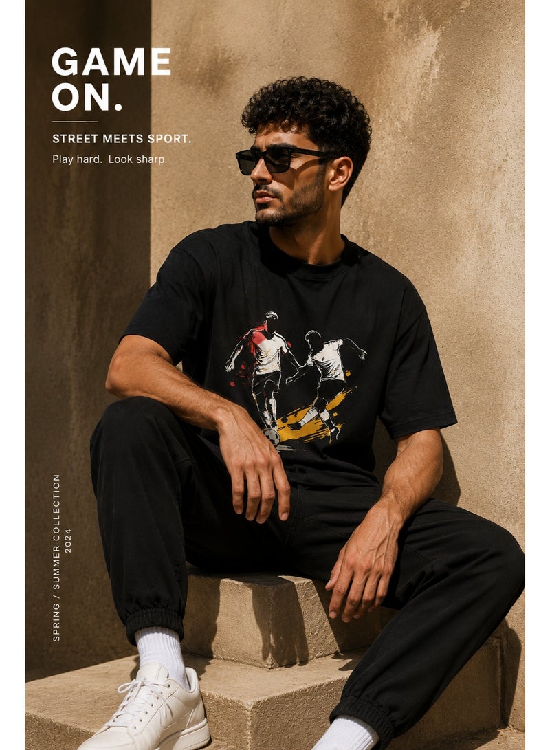 Men's Pure Cotton Black T-Shirt with Soccer Player Graphic Print - Image 3