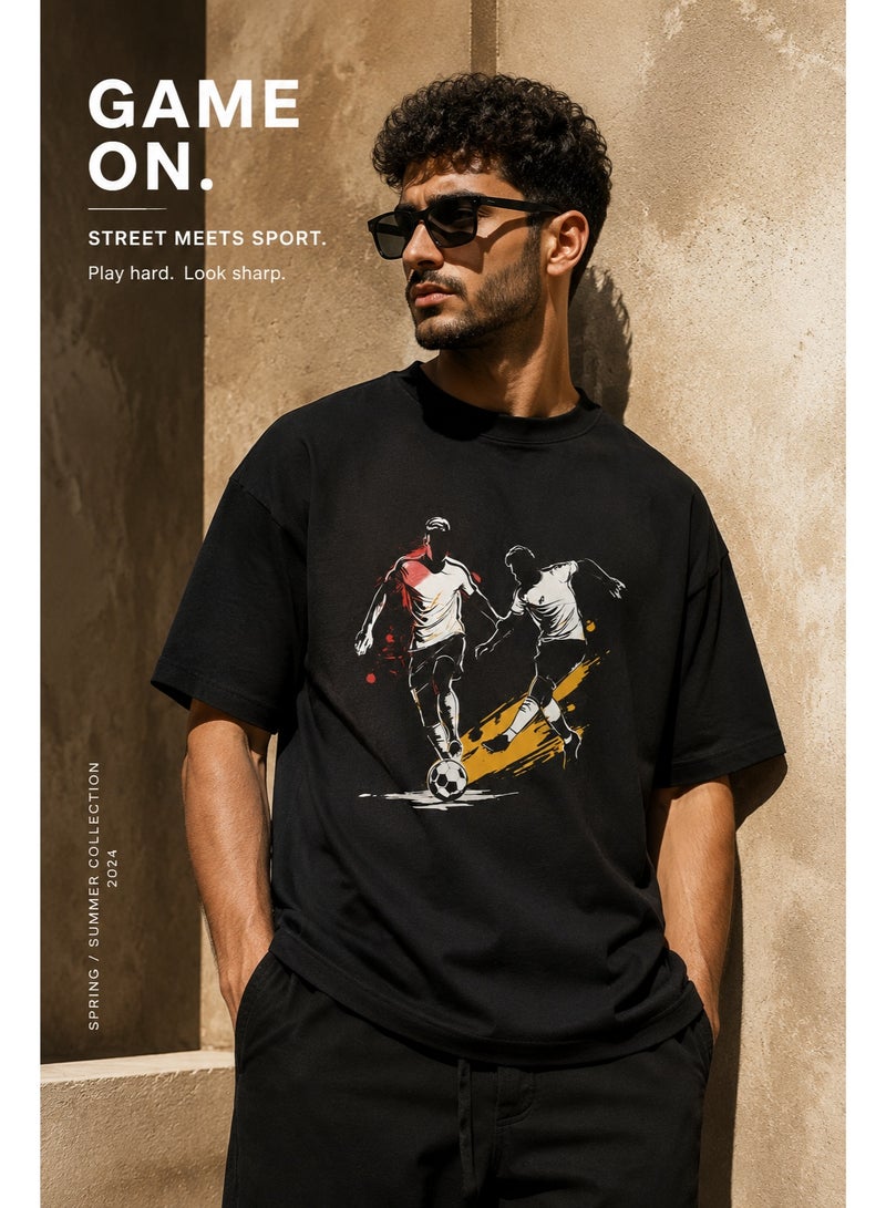 Men's Pure Cotton Black T-Shirt with Soccer Player Graphic Print - Image 4