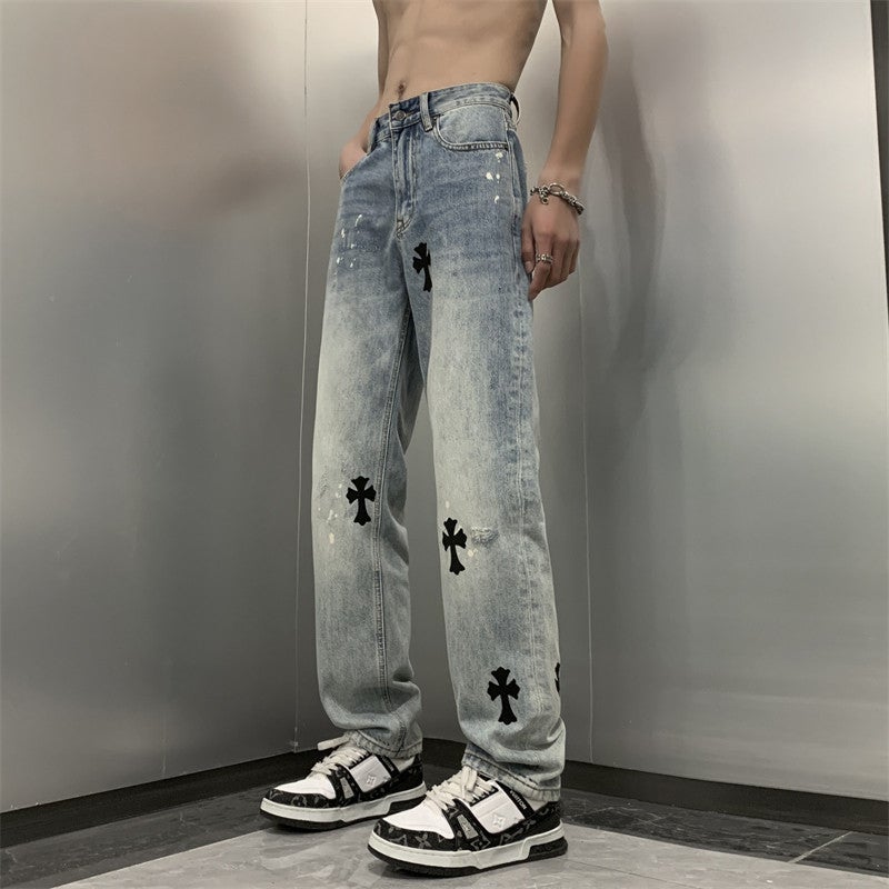 Spring and autumn cross jeans men's American retro distressed loose straight high street hip-hop vibe style long pants - Image 2