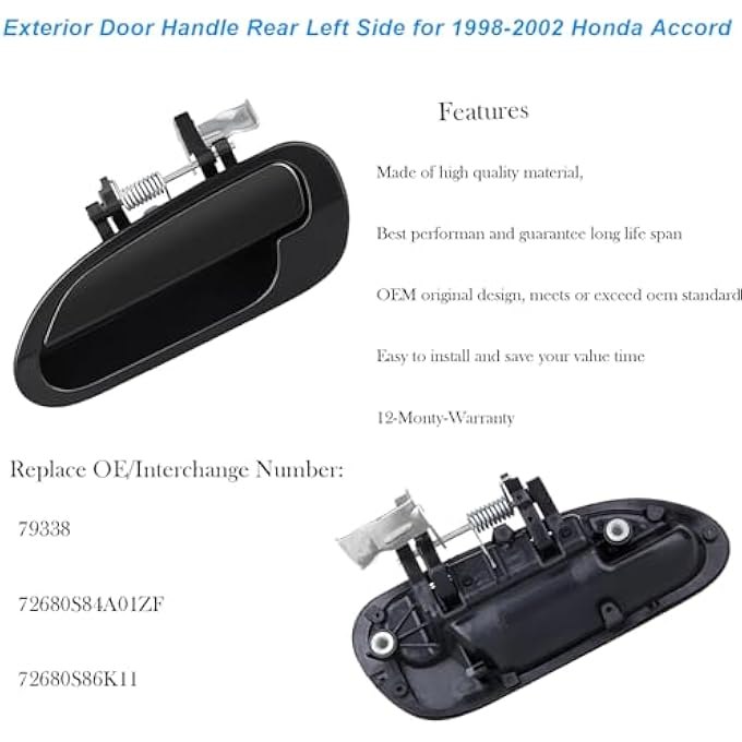 ريحني مقبض الباب الخارجي من جانب السائق الخلفي الأيسر للأعوام 1998 1999 2000 2001 2002 هوندا أكورد مقبض باب أسود خارجي استبدل OE 79338 72680S84A01Zf 72680S86K11 بدون فتحة مفتاح - Image 4