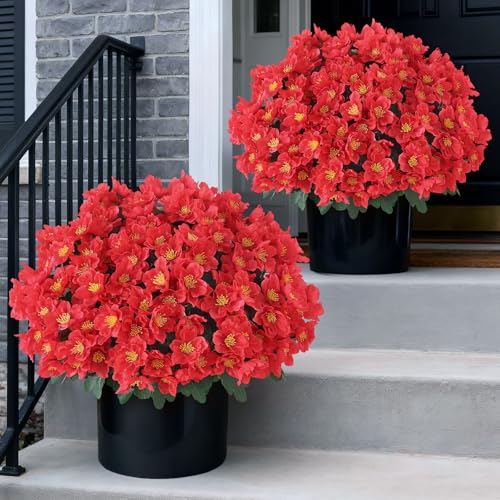 Juxdp 2 Sets of Artificial Camellia Topiary Ball Trees - Fake Flower Potted Plants, UV Resistant Faux Camellia Potted Bushes for Front Door, Farmhouse, Porch, Garden, Outdoor Decoration (Red) - Image 1
