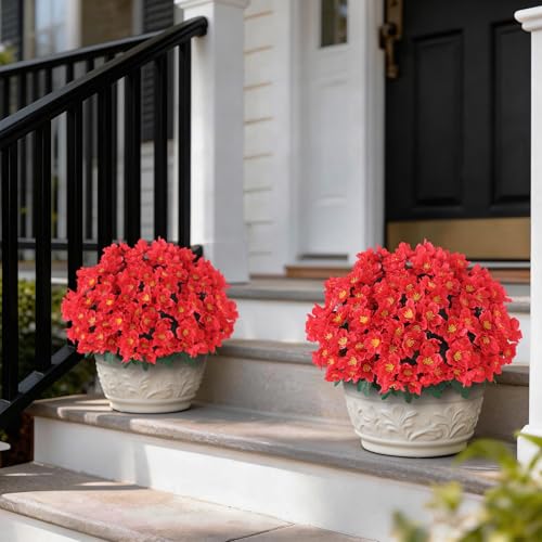Juxdp 2 Sets of Artificial Camellia Topiary Ball Trees - Fake Flower Potted Plants, UV Resistant Faux Camellia Potted Bushes for Front Door, Farmhouse, Porch, Garden, Outdoor Decoration (Red) - Image 2