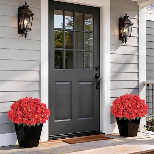 Juxdp 2 Sets of Artificial Camellia Topiary Ball Trees - Fake Flower Potted Plants, UV Resistant Faux Camellia Potted Bushes for Front Door, Farmhouse, Porch, Garden, Outdoor Decoration (Red) - Image 3