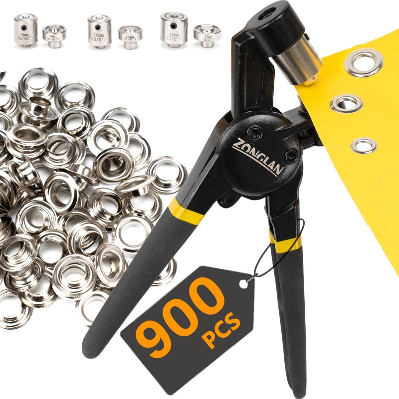 Zonglan Heavy Duty Grommet Tool Kit Of 1/2"" 5/16"" And 3/8"" Multi Size Handheld Eyelet Tool Plier Rivet Press With 900 Pcs Silver Grommets For Tarp Leather Fabric - Image 1