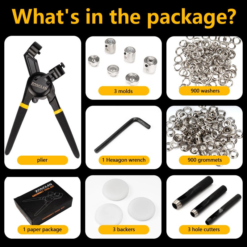 Zonglan Heavy Duty Grommet Tool Kit Of 1/2"" 5/16"" And 3/8"" Multi Size Handheld Eyelet Tool Plier Rivet Press With 900 Pcs Silver Grommets For Tarp Leather Fabric - Image 4