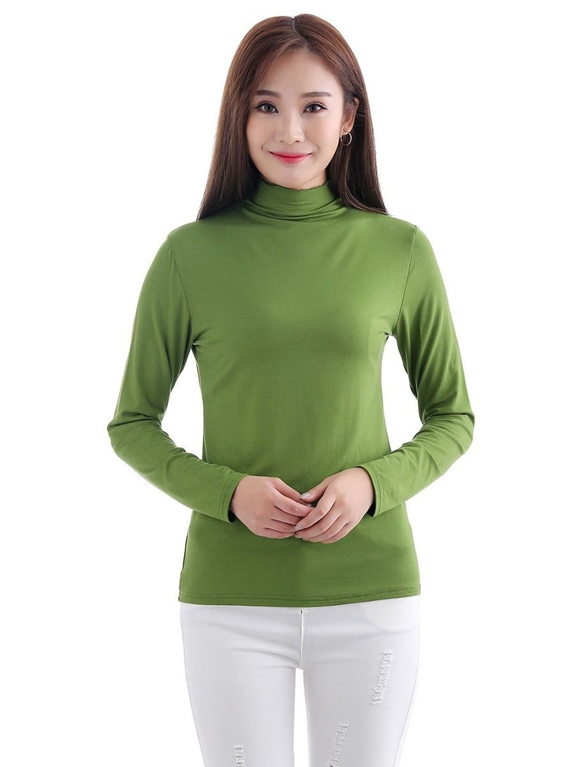 Loquat Lady's Solid Color Long Sleeve Turtle Neck Udershirt Base Layer Shirt Army Green 