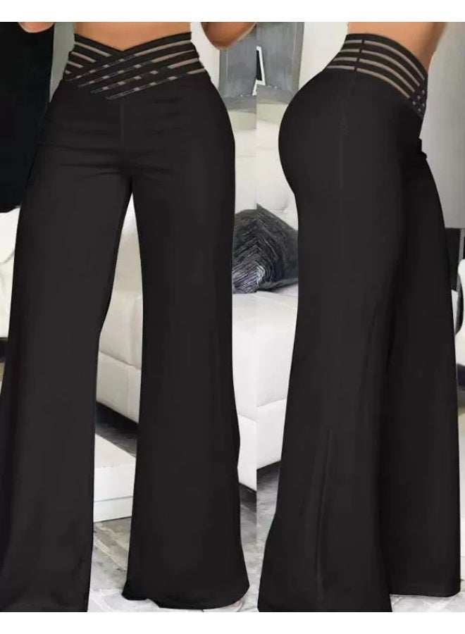 general Women's High Waist Wide Leg Pants, Crisscross Mesh Waistband Flare Trousers, Stretchy Body Shaping Palazzo Pants for Ladies - Image 1