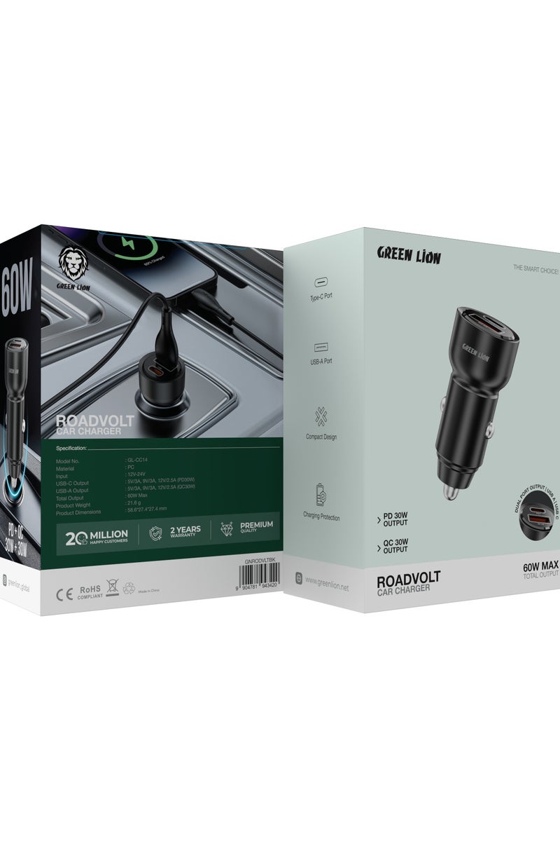 GREEN LION RoadVolt Car Charger PD30W + QC30W With Total Output 60W Max / Charging Protection / Input 12V=24V / Made for Phones (iPhone, Samsung, Xiaomi) and Tablets - Black - Image 4
