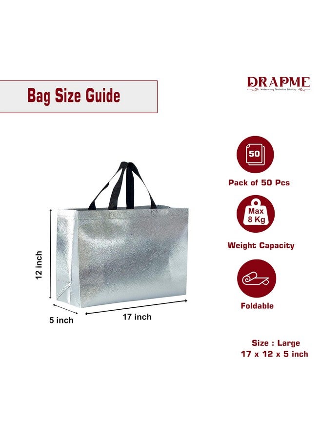 Drapme Large Size Pack of 50 Pcs Glossy Metallic Laminated Non-Woven Reusable Eco-Friendly Party Return Gift Bags (Silver) (Large 17x12x5 Inch) - Image 2