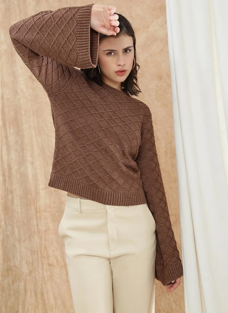 globus Globus Women Brown Round Neck Bell Sleeve Self Design Cable Knitted Ribbed Hem Acrylic Winterwear Pullover Sweater