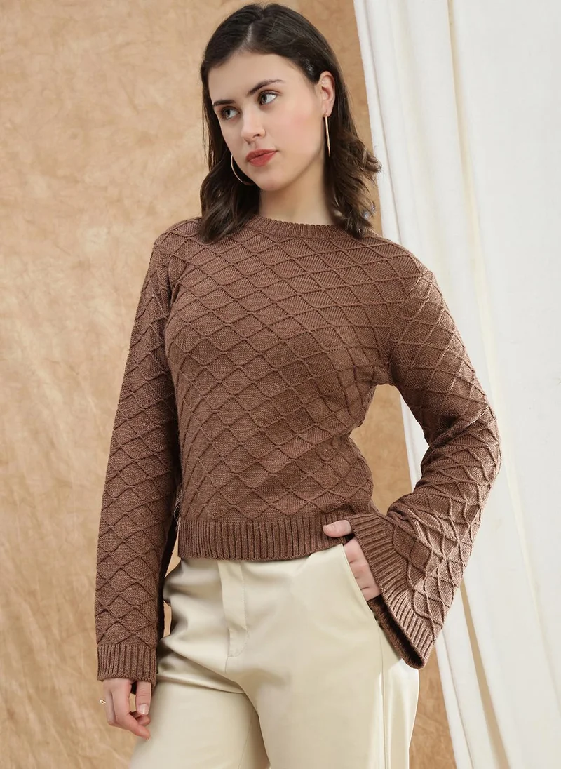 جلو باص بلوفر نسائي محبوك من الأكريليك بياقة مستديرة وأكمام الجرس وتصميم ذاتي