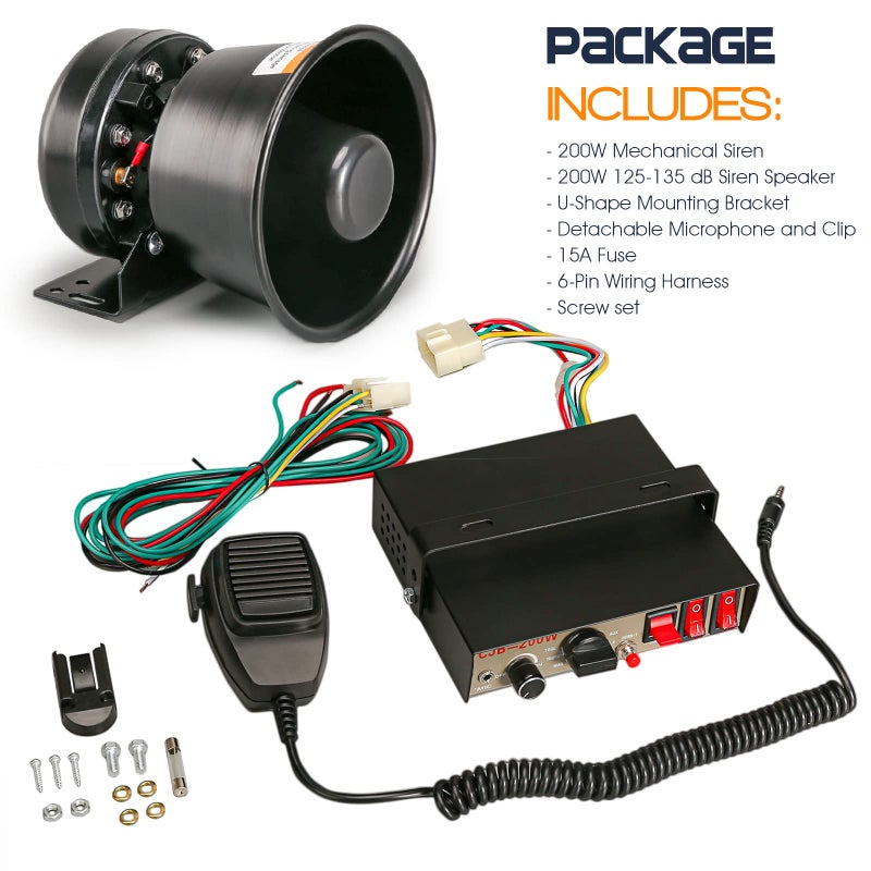 Generic BooYu 12V 200W 9 Tones Police Warning Emergency Siren PA System [Black Steel Speaker][125-135dB][Handheld Microphone][Hands-Free][2 x 10A Switches] for Firefighter Ambulance Vehicles Truck SUV ATV UTV  - Image 2