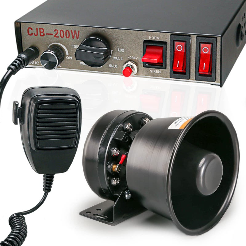 Generic BooYu 12V 200W 9 Tones Police Warning Emergency Siren PA System [Black Steel Speaker][125-135dB][Handheld Microphone][Hands-Free][2 x 10A Switches] for Firefighter Ambulance Vehicles Truck SUV ATV UTV  - Image 1