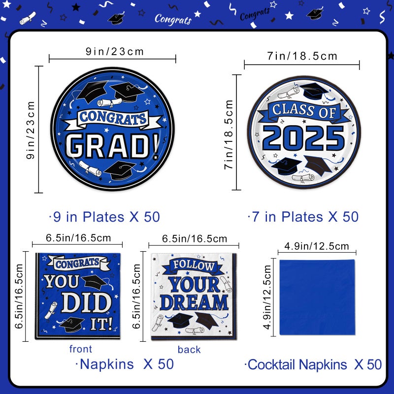 Oigco Graduation Plates and Napkins 2025 Graduation Party Supplies  Congrats Grad Disposable Dinner Plates  Dessert Paper Plates  and Napkins for Blue Graduation Party Decoration  Serves 50 - Image 2